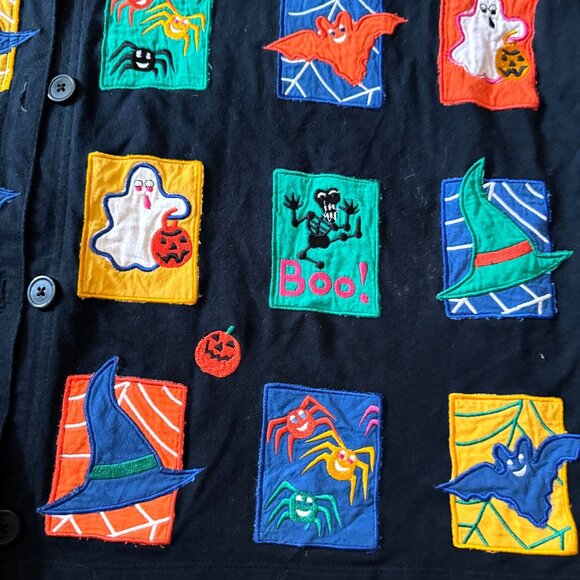 Michael Simon Vtg Halloween Cardigan Sweater 2X Black Ghost Bat Spider Pumpkin - Picture 9 of 13